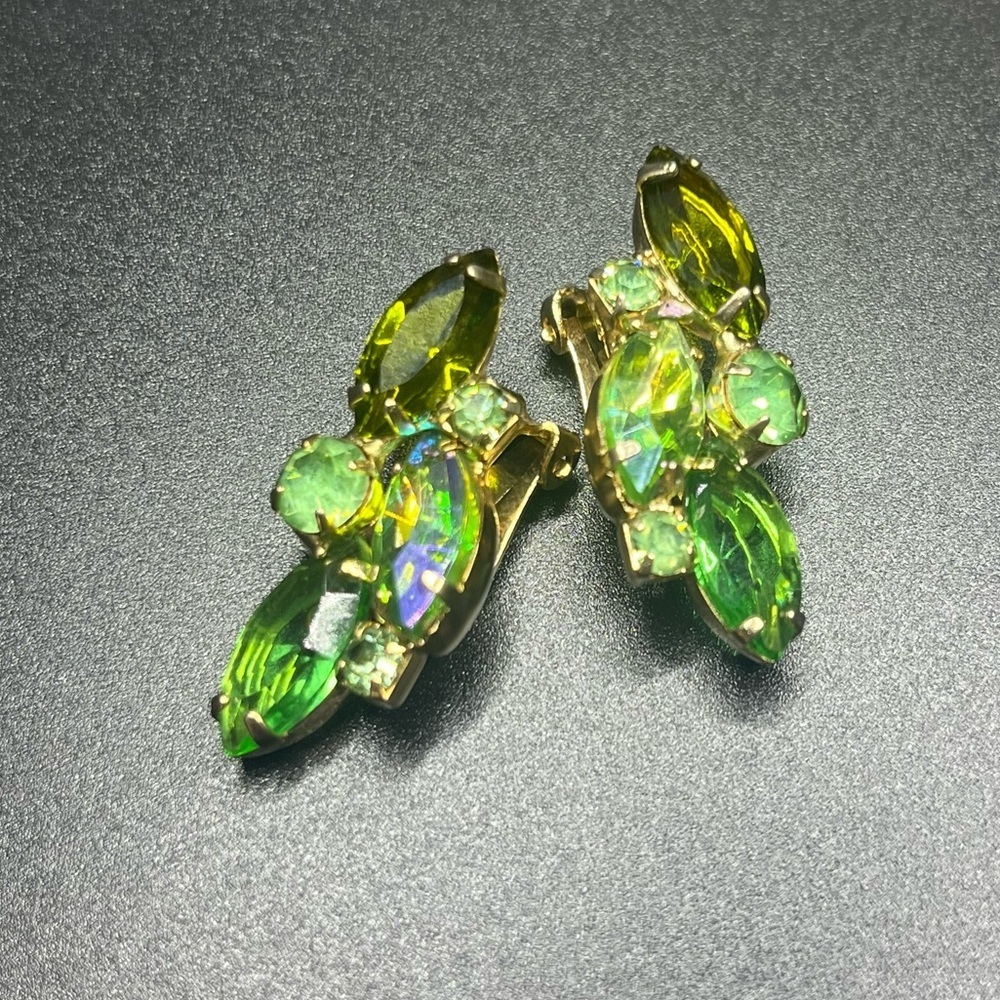 vintage green rhinestone clip earrings mid century. Designer style